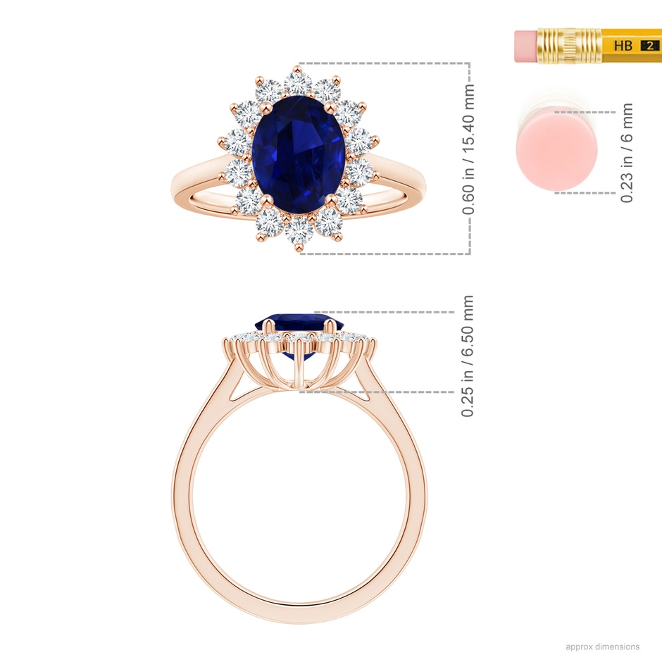 9.62x7.60x4.51mm AAA GIA Certified Princess Diana Inspired Oval Blue Sapphire Ring with Diamond Halo in Rose Gold ruler