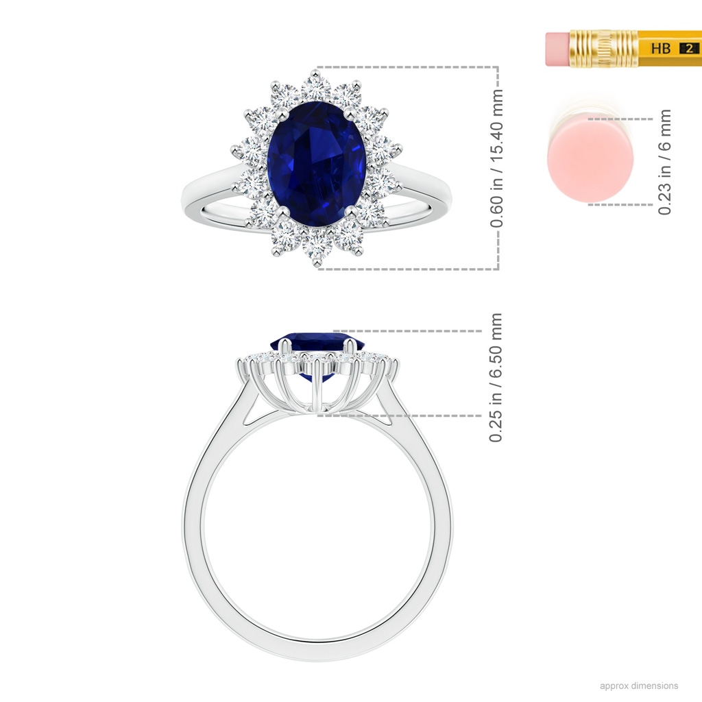 9.62x7.60x4.51mm AAA GIA Certified Princess Diana Inspired Oval Blue Sapphire Ring with Diamond Halo in White Gold ruler