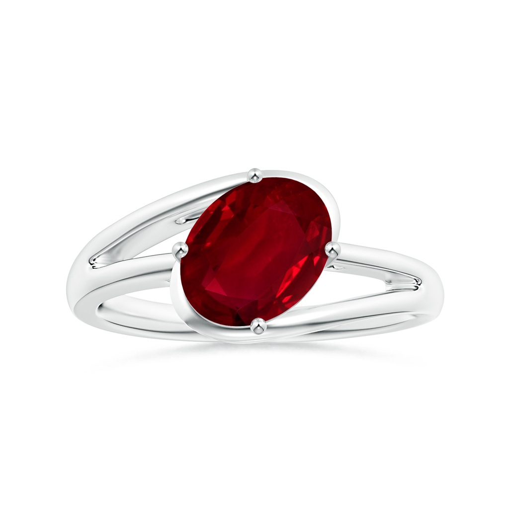 9.46x6.88x3.41mm AAA GIA Certified Tilted Oval Ruby Solitaire Ring with Split Bypass Shank in 18K White Gold