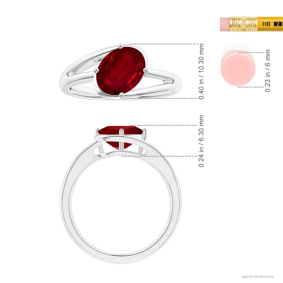 9.46x6.88x3.41mm AAA GIA Certified Tilted Oval Ruby Solitaire Ring with Split Bypass Shank in 18K White Gold Ruler