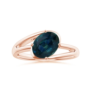 8.92x7.07x6.66mm AAA GIA Certified Tilted Solitaire Oval Teal Sapphire Split Bypass Ring in 10K Rose Gold