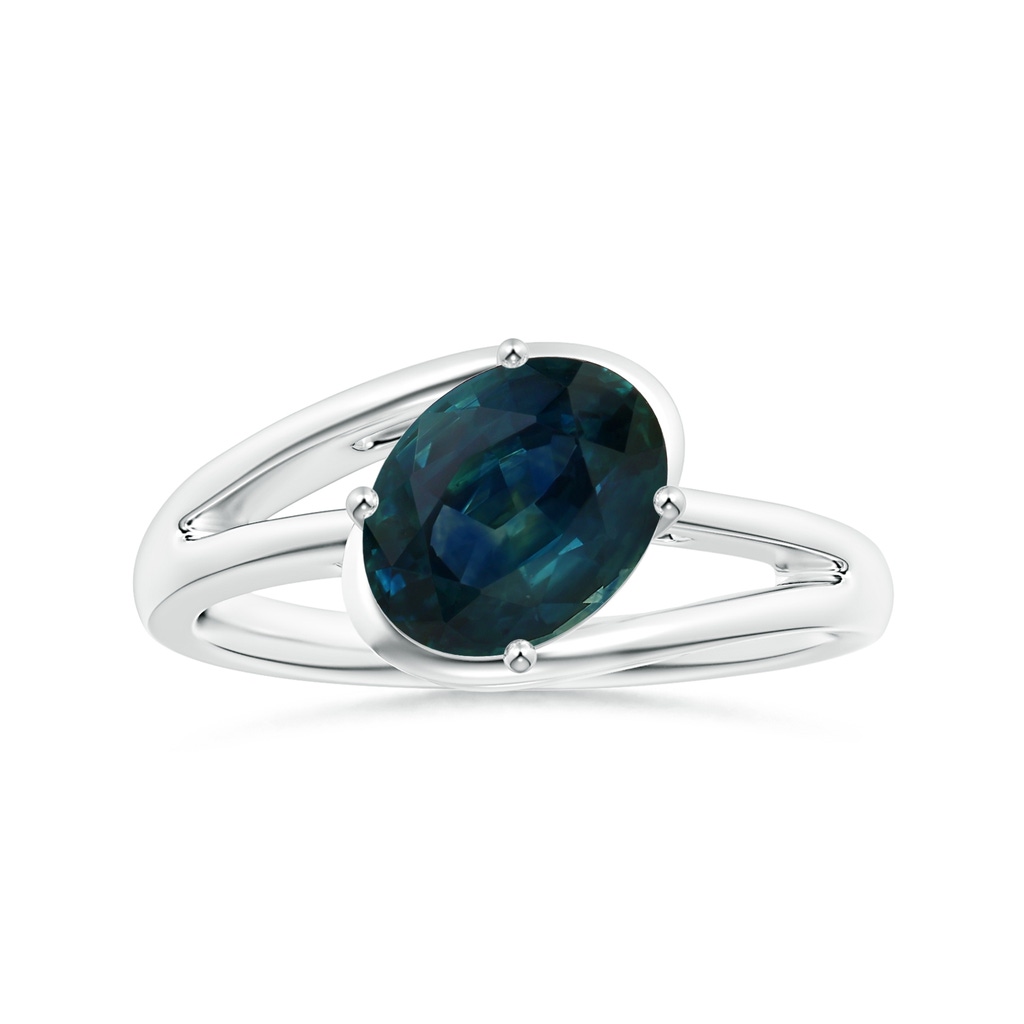 8.92x7.07x6.66mm AAA GIA Certified Tilted Solitaire Oval Teal Sapphire Split Bypass Ring in 18K White Gold