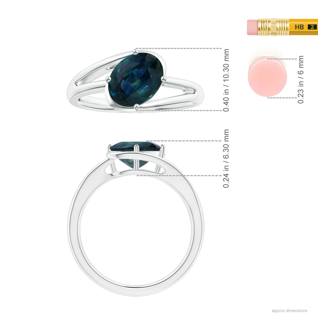 8.92x7.07x6.66mm AAA GIA Certified Tilted Solitaire Oval Teal Sapphire Split Bypass Ring in 18K White Gold Ruler
