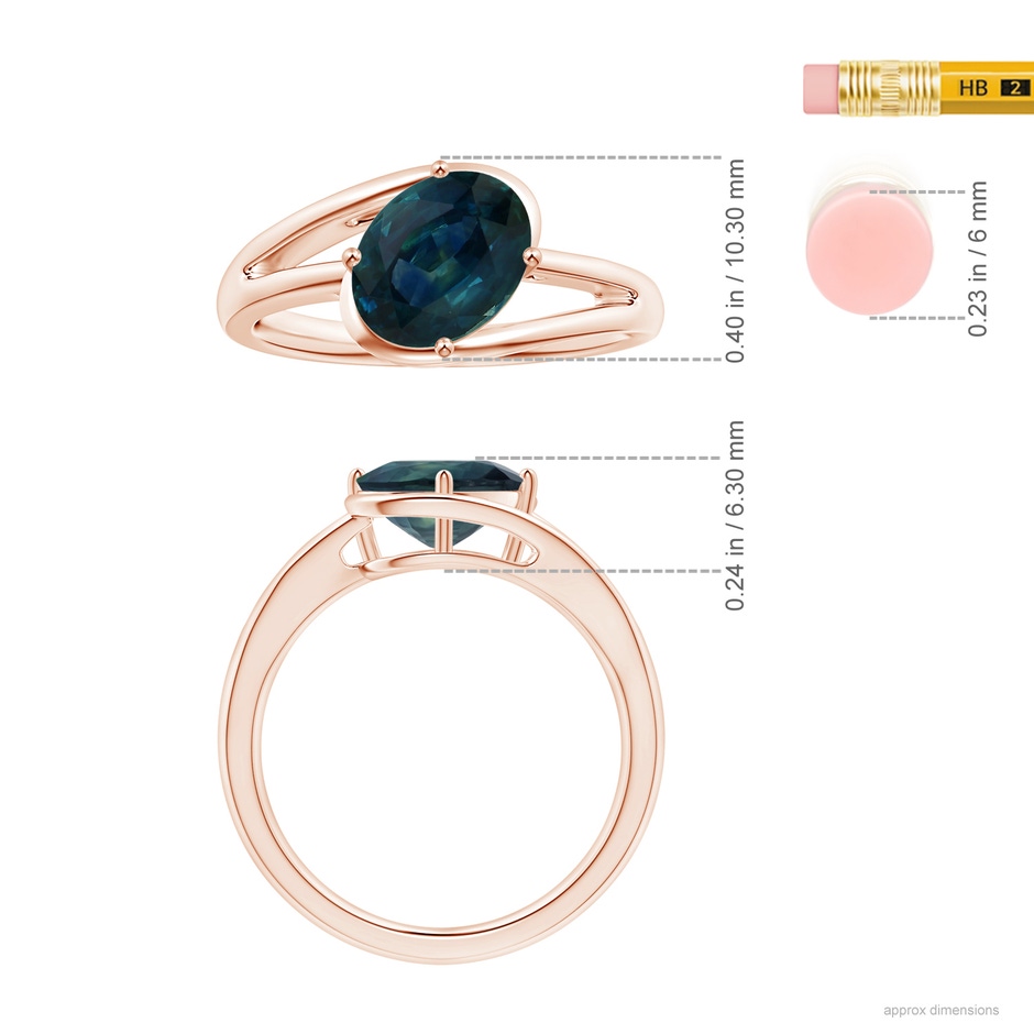 8.92x7.07x6.66mm AAA GIA Certified Tilted Solitaire Oval Teal Sapphire Split Bypass Ring in Rose Gold ruler