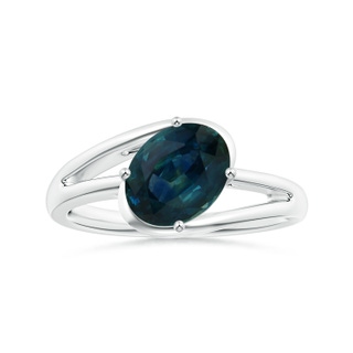 8.92x7.07x6.66mm AAA GIA Certified Tilted Solitaire Oval Teal Sapphire Split Bypass Ring in White Gold