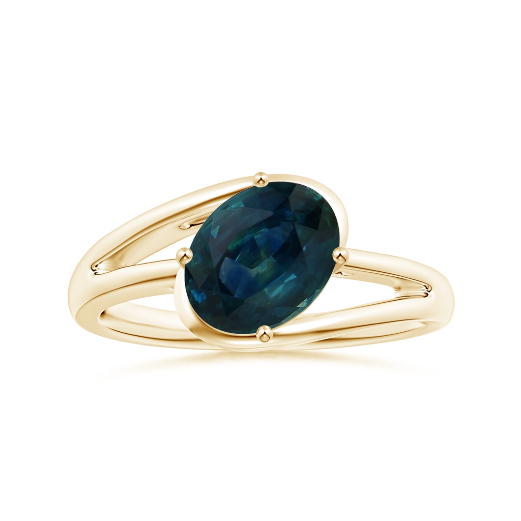 8.92x7.07x6.66mm AAA GIA Certified Tilted Solitaire Oval Teal Sapphire Split Bypass Ring in Yellow Gold