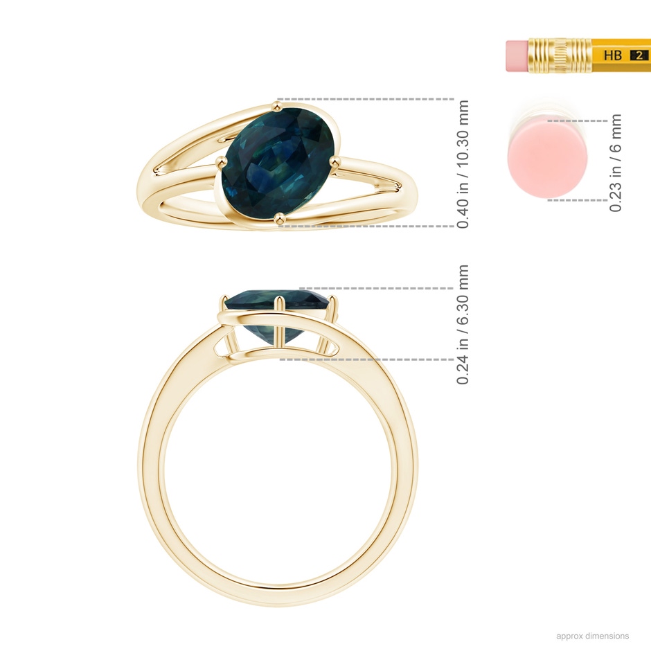 8.92x7.07x6.66mm AAA GIA Certified Tilted Solitaire Oval Teal Sapphire Split Bypass Ring in Yellow Gold ruler
