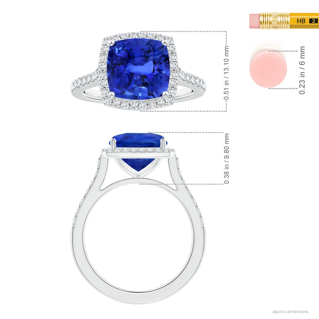 9.85x9.76x7.86mm AAA GIA Certified Cushion Blue Sapphire Halo Ring with Diamonds in 18K White Gold Ruler