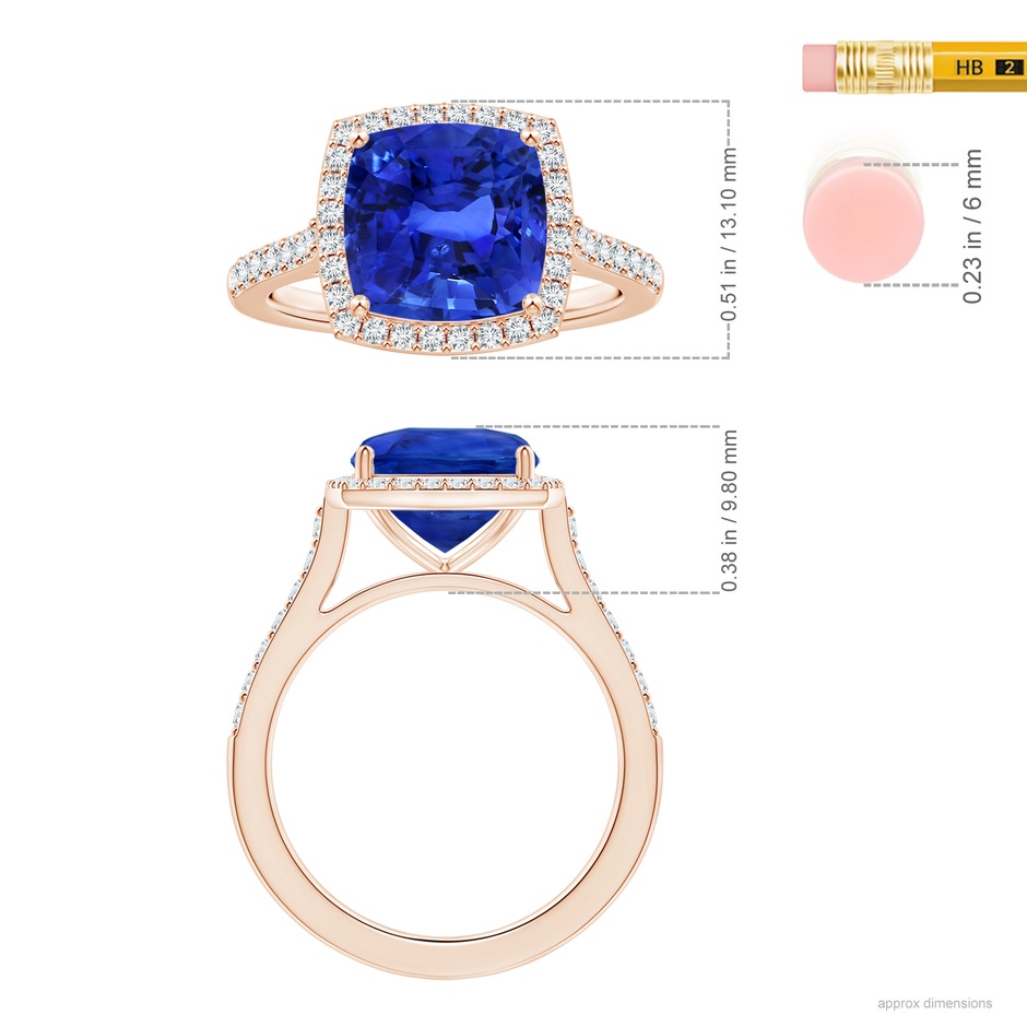 9.85x9.76x7.86mm AAA GIA Certified Cushion Blue Sapphire Halo Ring with Diamonds in Rose Gold ruler