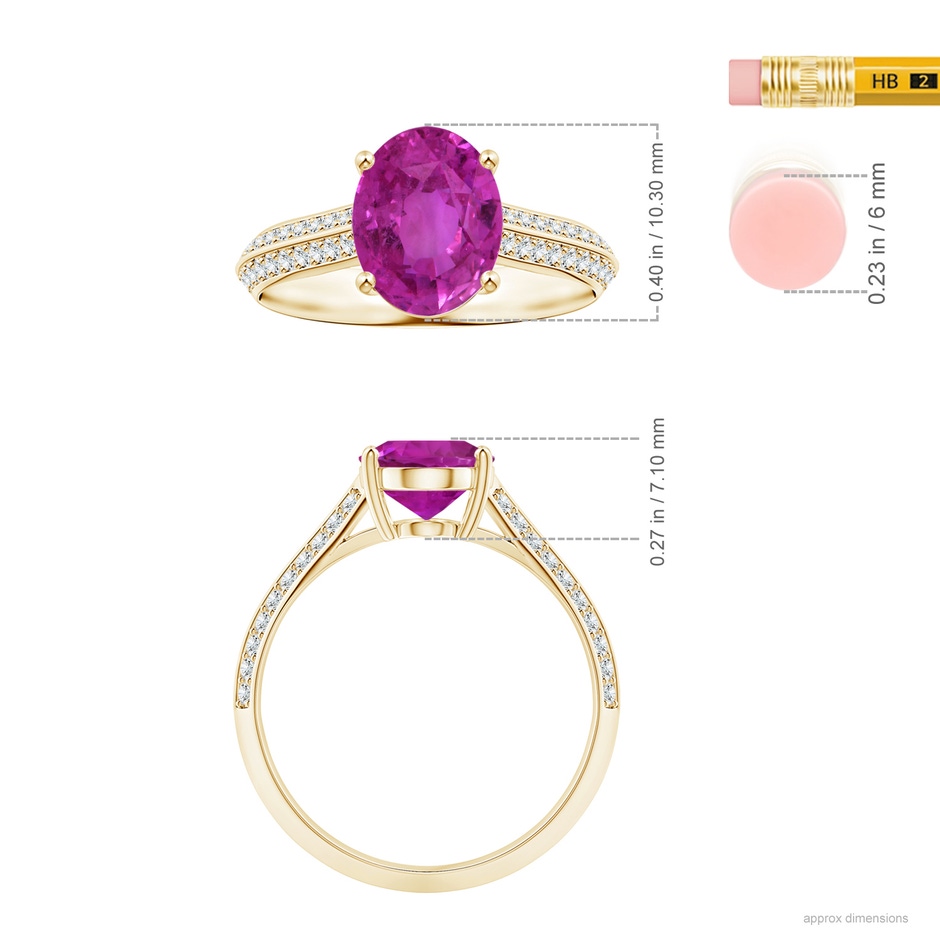 10.30x8.52x6.53mm AAA Prong-Set GIA Certified Oval Pink Sapphire Knife Edge Ring with Diamonds in Yellow Gold ruler
