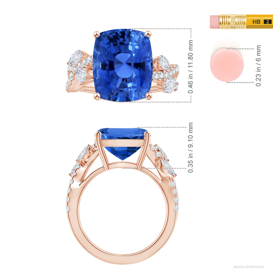 11.83x8.83x7.33mm AAAA Nature-inspired Gia Certified Cushion Blue Sapphire Ring with Diamonds in 18K Rose Gold ruler