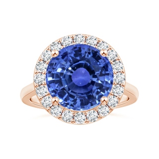 10.74x10.61x7.35mm AA GIA Certified Round Blue Sapphire Reverse Tapered Shank Ring with Halo in Rose Gold