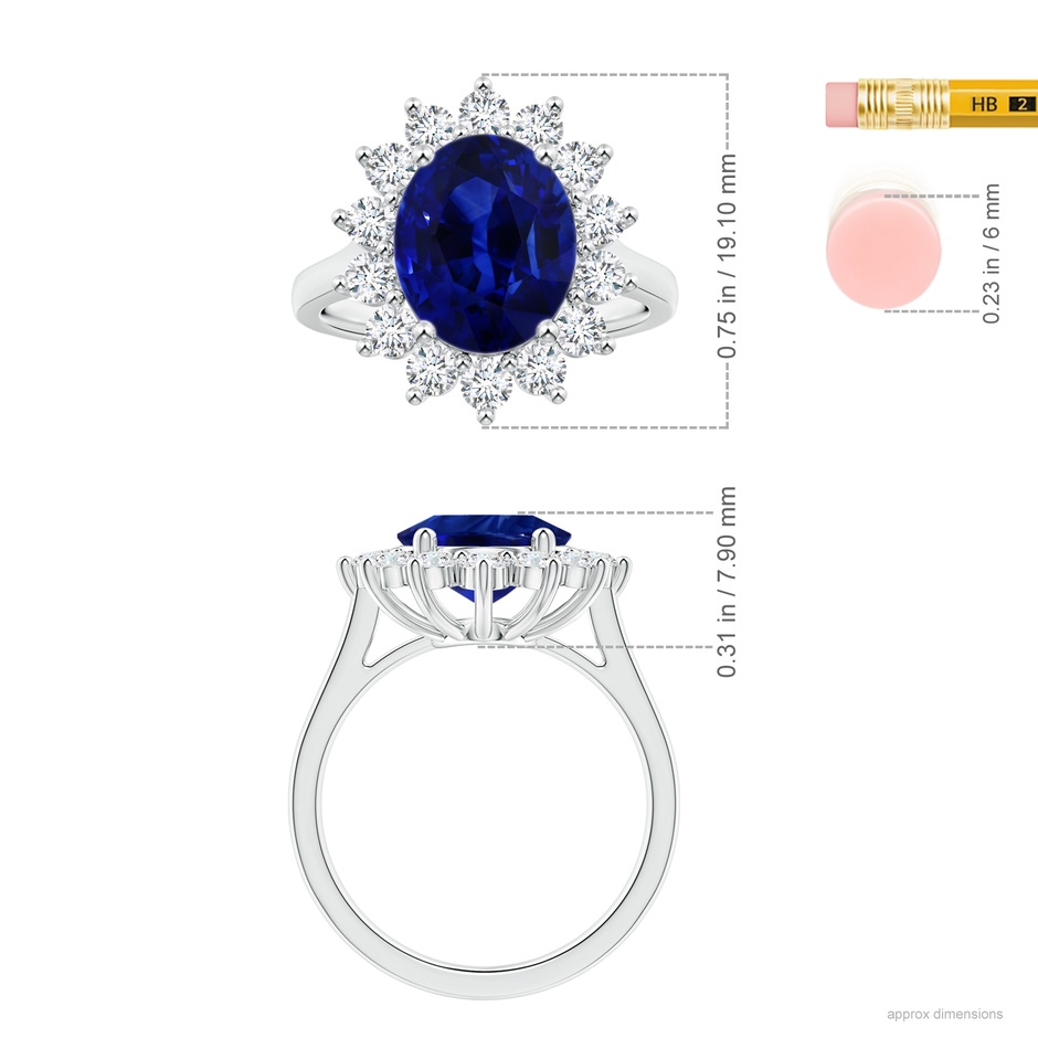 10.97x8.10x6.62mm AAA Princess Diana Inspired GIA Certified Oval Blue Sapphire Halo Ring in 18K White Gold ruler