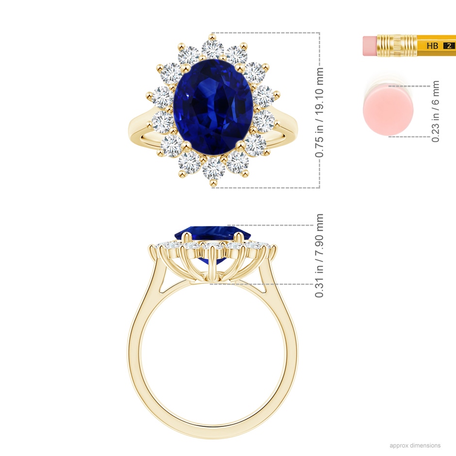 10.97x8.10x6.62mm AAA Princess Diana Inspired GIA Certified Oval Blue Sapphire Halo Ring in 18K Yellow Gold ruler
