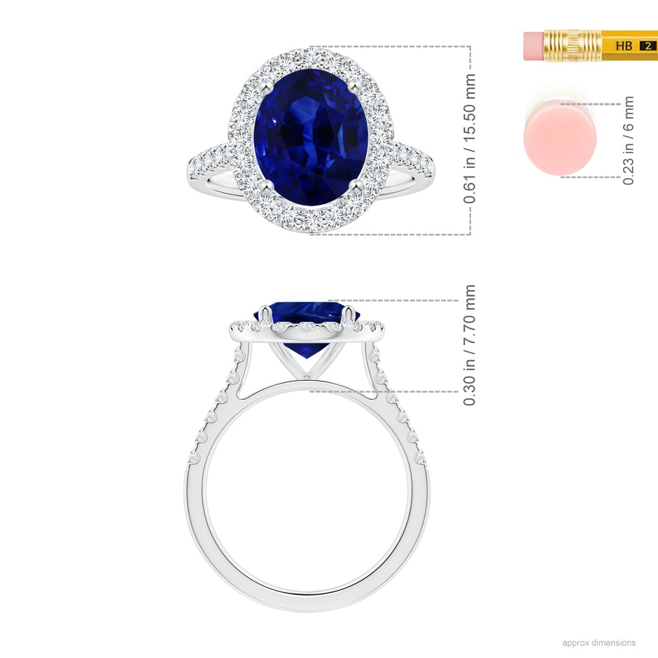 10.97x8.10x6.62mm AAA GIA Certified Oval Blue Sapphire Halo Ring with Diamonds in 18K White Gold ruler