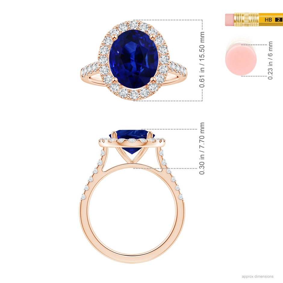 10.97x8.10x6.62mm AAA GIA Certified Oval Blue Sapphire Halo Ring with Diamonds in Rose Gold ruler
