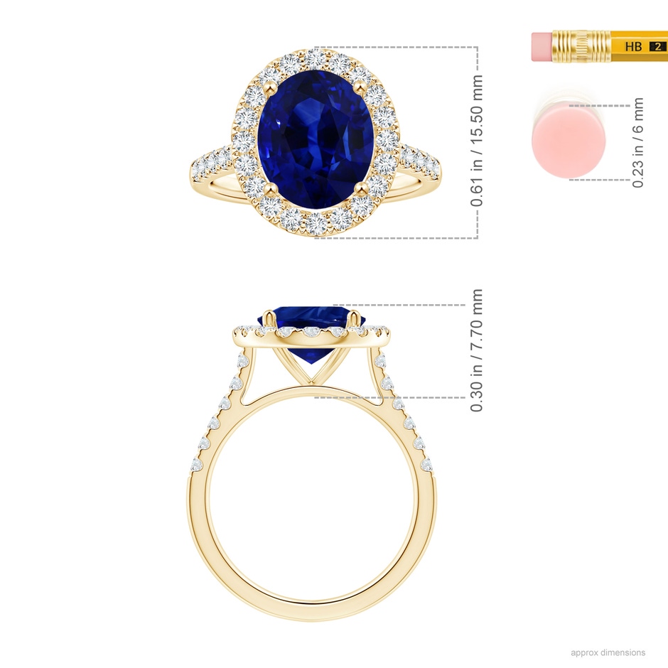 10.97x8.10x6.62mm AAA GIA Certified Oval Blue Sapphire Halo Ring with Diamonds in Yellow Gold ruler