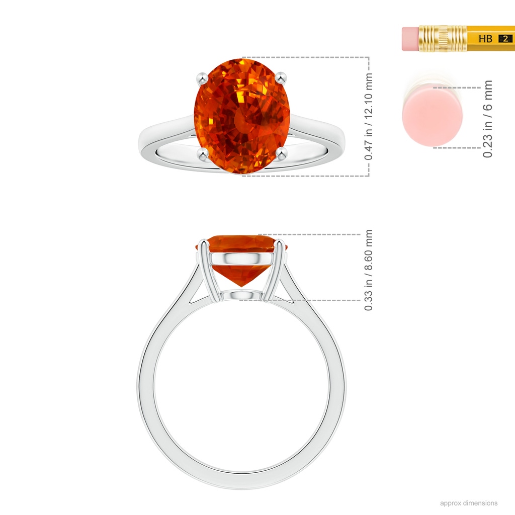 12.12x10.14x8.64mm AAAA GIA Certified Oval Orange Sapphire Solitaire Ring with Reverse Tapered Shank in 18K White Gold Ruler