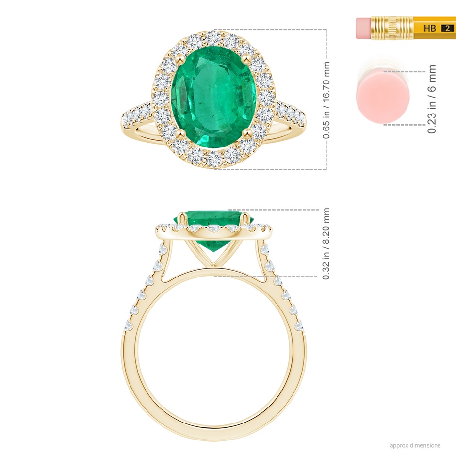 12.26x8.86x5.36mm AA GIA Certified Oval Emerald Halo Ring with Diamonds in Yellow Gold ruler