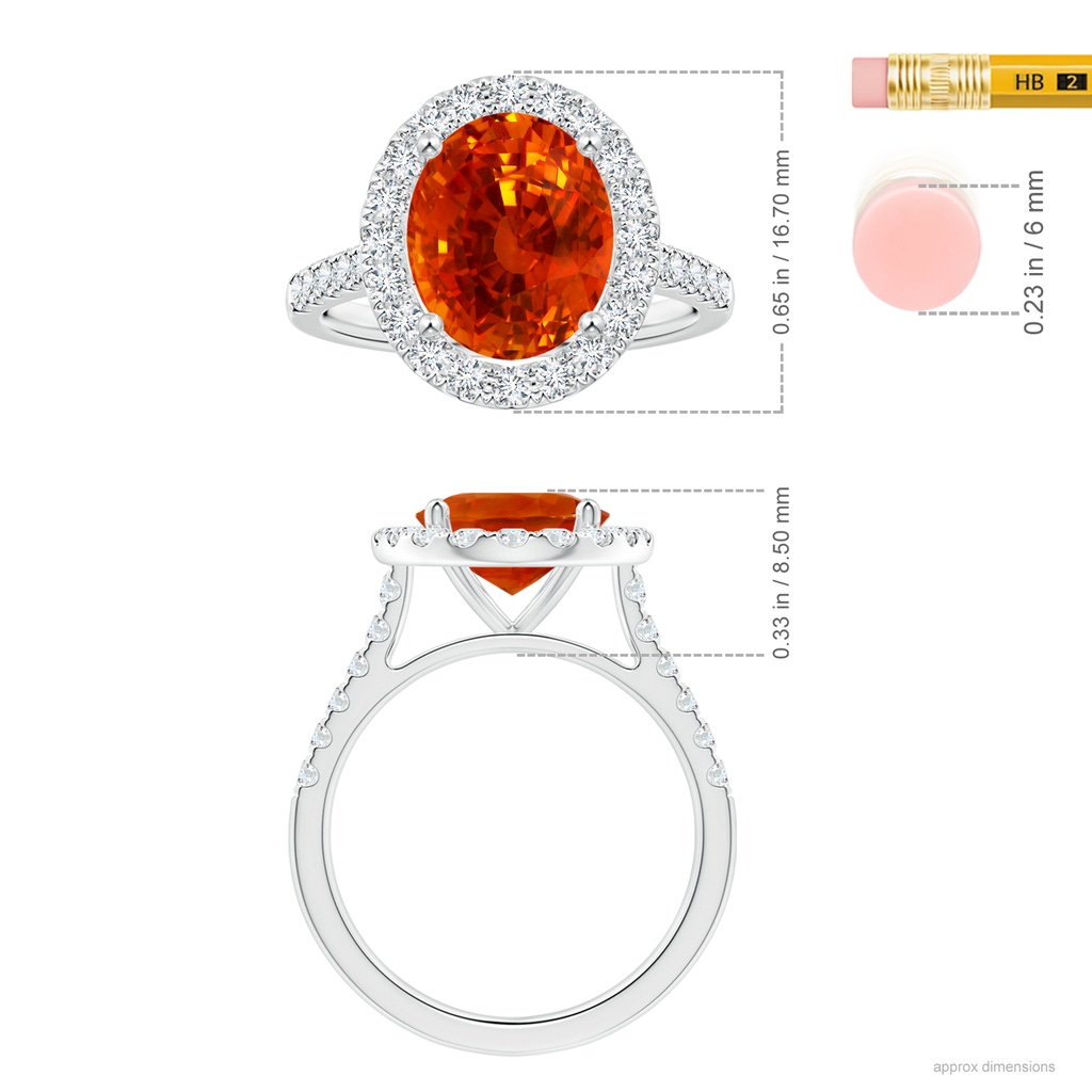 12.12x10.14x8.64mm AAAA GIA Certified Oval Orange Sapphire Halo Ring with Diamonds in 18K White Gold Ruler