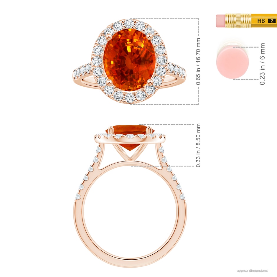 12.12x10.14x8.64mm AAAA GIA Certified Oval Orange Sapphire Halo Ring with Diamonds in Rose Gold ruler