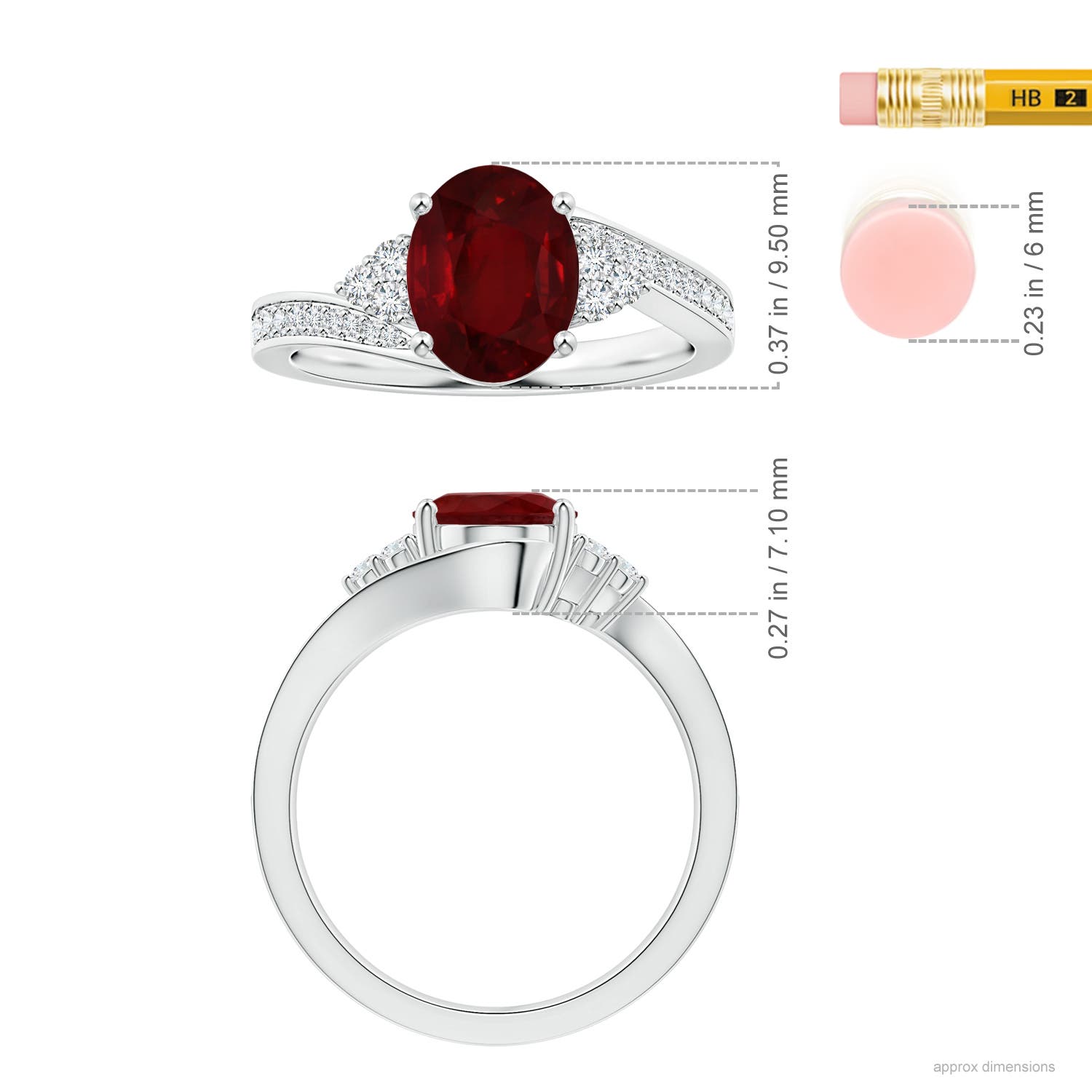 9.55x6.77x4.98mm AAA GIA Certified Oval Ruby Bypass Ring with Side Diamonds in 18CT White Gold - ruler