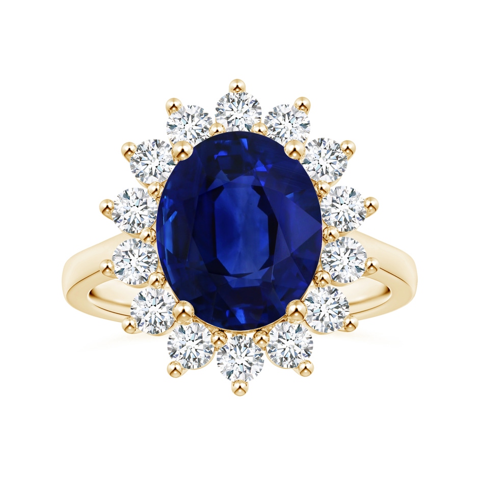 10.67x7.87x5.16mm AAA Princess Diana Inspired GIA Certified Oval Sapphire Halo Reverse Tapered Shank Ring in Yellow Gold 
