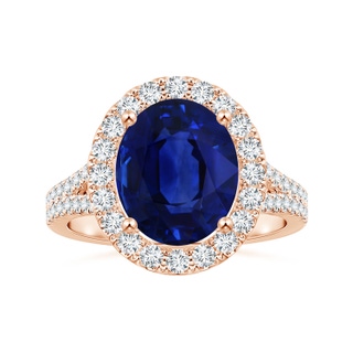 10.67x7.87x5.16mm AAA GIA Certified Oval Blue Sapphire Halo Split Shank Ring in 9K Rose Gold