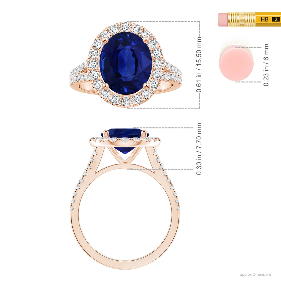 10.67x7.87x5.16mm AAA GIA Certified Oval Blue Sapphire Halo Split Shank Ring in Rose Gold ruler