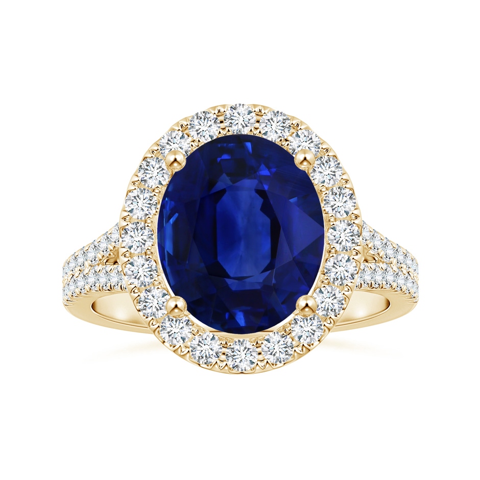 10.67x7.87x5.16mm AAA GIA Certified Oval Blue Sapphire Halo Split Shank Ring in Yellow Gold 
