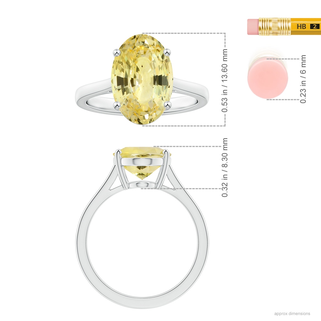 13.60x10.18x6.84mm AAA Prong-Set GIA Certified Oval Yellow Sapphire Solitaire Reverse Tapered Shank Ring in 18K White Gold Ruler