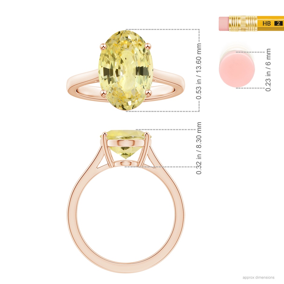 13.60x10.18x6.84mm AAA Prong-Set GIA Certified Oval Yellow Sapphire Solitaire Reverse Tapered Shank Ring in 9K Rose Gold ruler