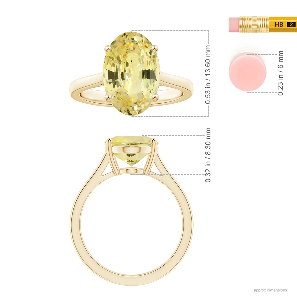 13.60x10.18x6.84mm AAA Prong-Set GIA Certified Oval Yellow Sapphire Solitaire Reverse Tapered Shank Ring in Yellow Gold Ruler