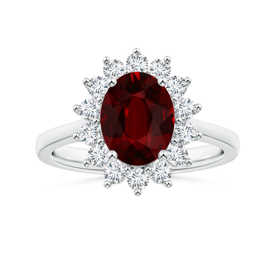 9.2x6.9mm AAAA Princess Diana Inspired GIA Certified Oval Ruby Halo Ring with Reverse Tapered Shank in 18K White Gold 