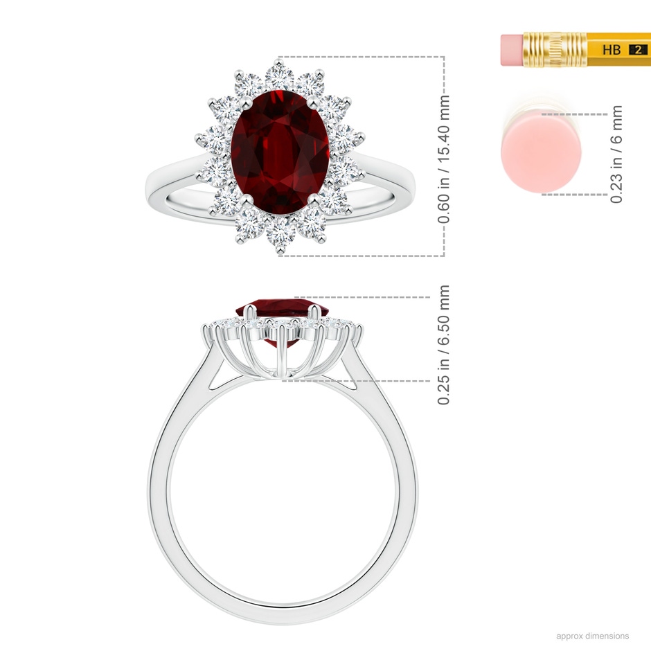 9.2x6.9mm AAAA Princess Diana Inspired GIA Certified Oval Ruby Halo Ring with Reverse Tapered Shank in 18K White Gold ruler