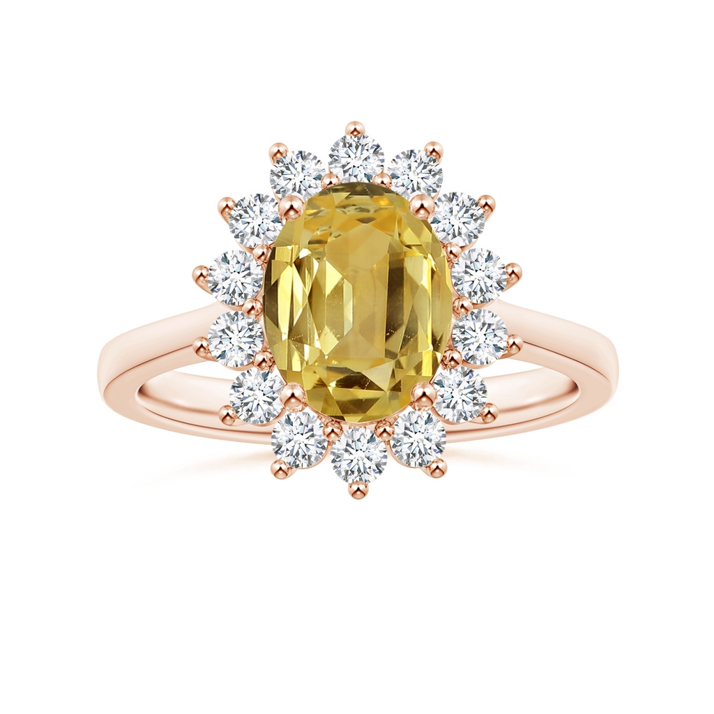 9.08x7.00x3.98mm AAAA Princess Diana Inspired Oval Yellow Sapphire Reverse Tapered Shank Ring with Halo in Rose Gold
