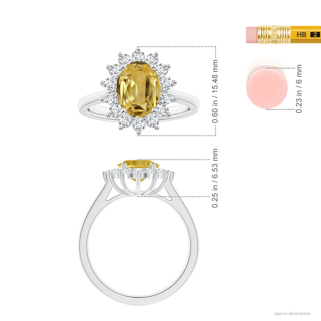 9.08x7.00x3.98mm AAAA Princess Diana Inspired Oval Yellow Sapphire Reverse Tapered Shank Ring with Halo in White Gold ruler