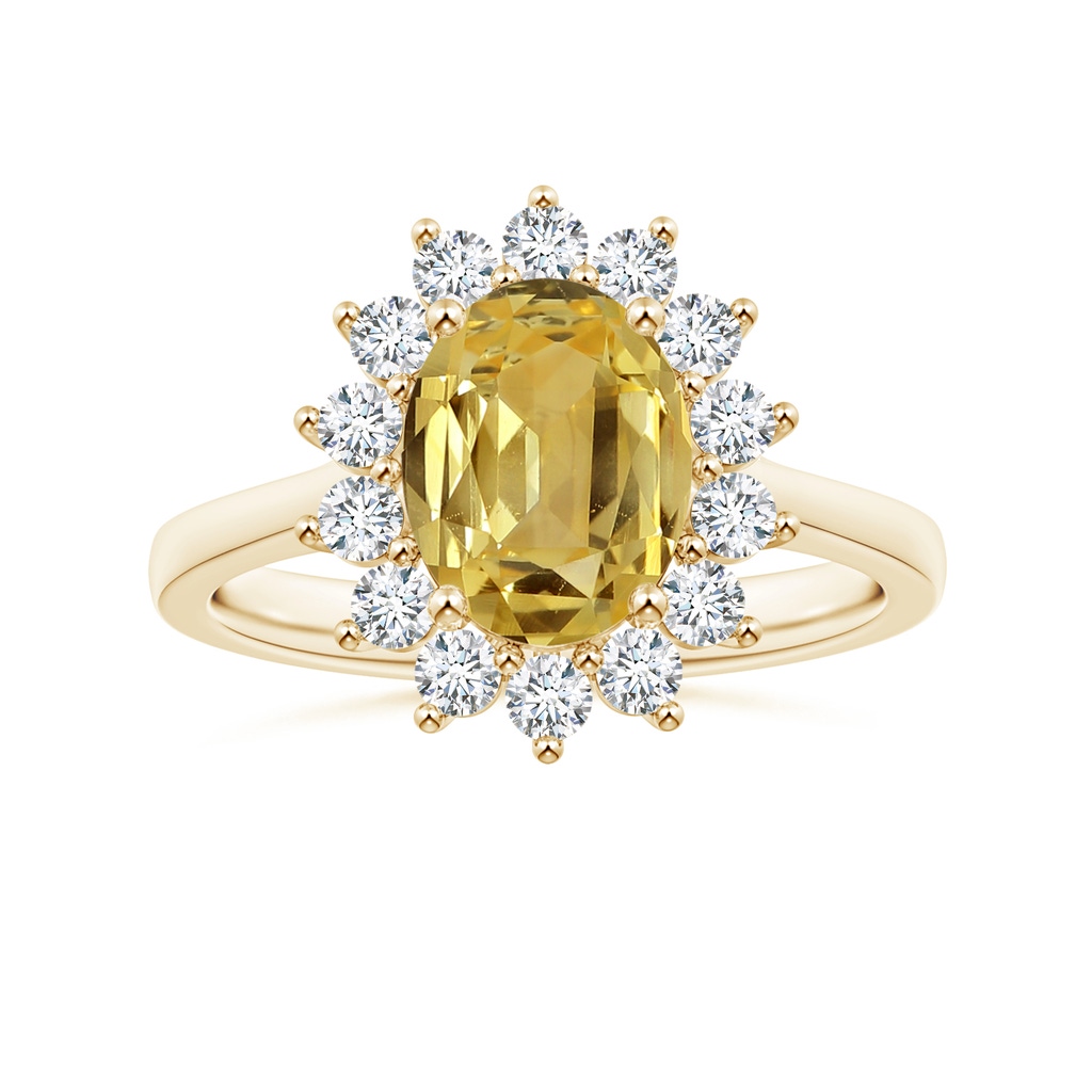9.08x7.00x3.98mm AAAA Princess Diana Inspired Oval Yellow Sapphire Reverse Tapered Shank Ring with Halo in Yellow Gold
