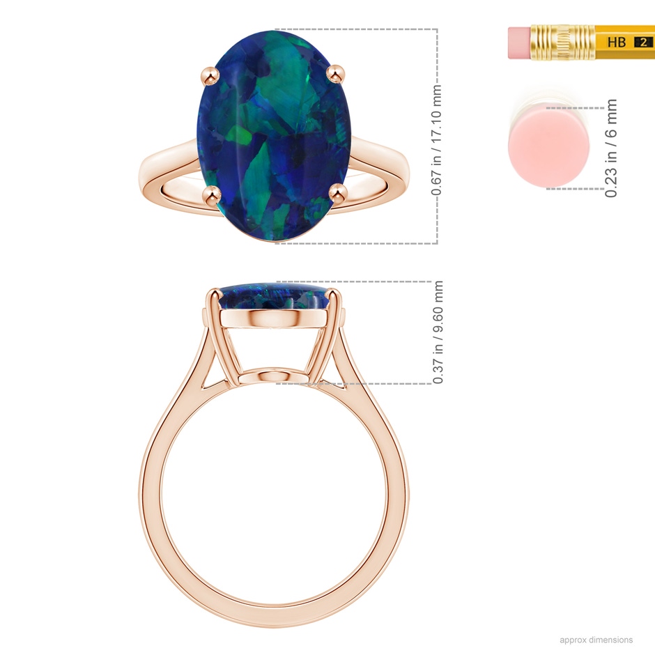17.13x11.46x5.20mm AAA Prong-Set GIA Certified Oval Black Opal Ring with Reverse Tapered Shank in Rose Gold ruler