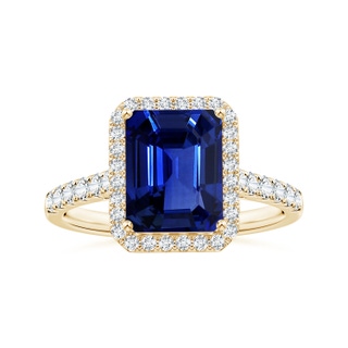 9.83x7.72x5.29mm AAAA GIA Certified Emerald-Cut Blue Sapphire Halo Ring with Diamonds in 10K Yellow Gold