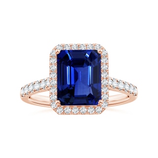 9.83x7.72x5.29mm AAAA GIA Certified Emerald-Cut Blue Sapphire Halo Ring with Diamonds in 18K Rose Gold