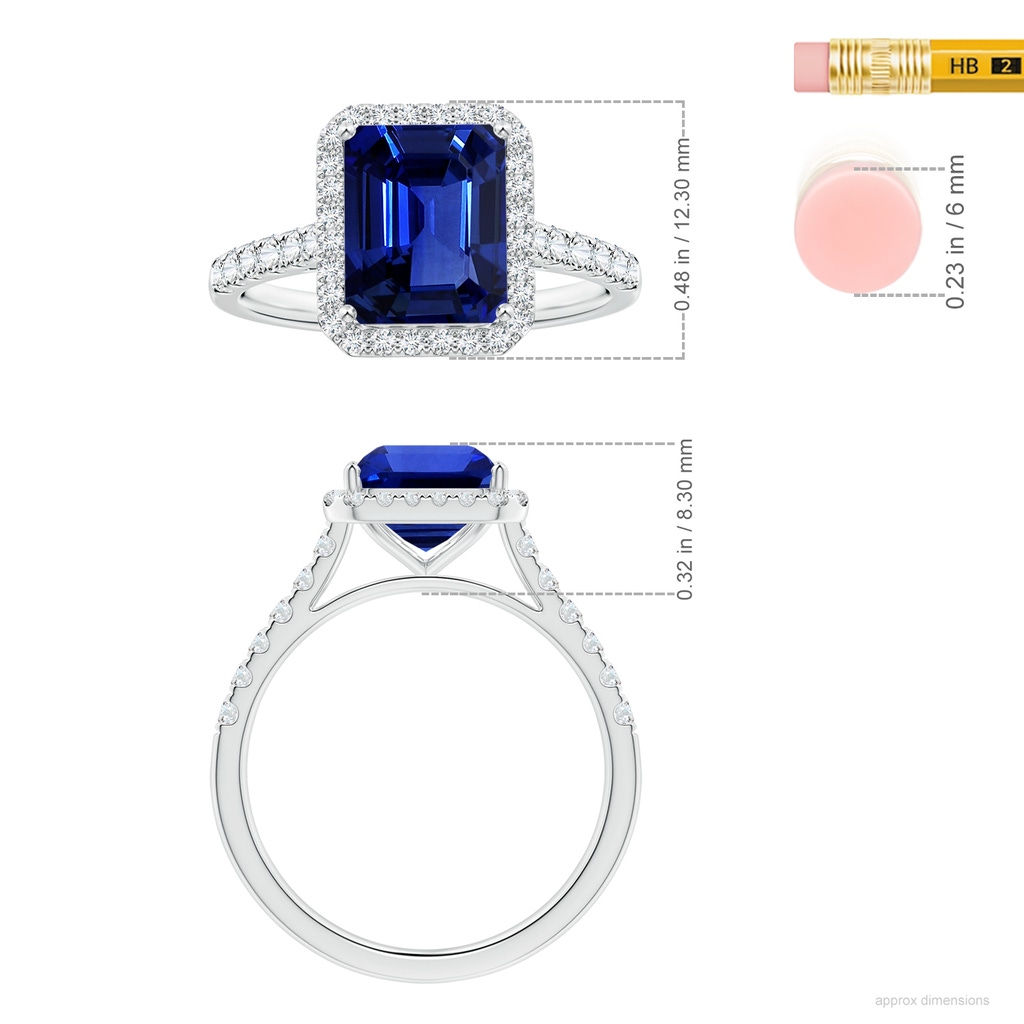 9.83x7.72x5.29mm AAAA GIA Certified Emerald-Cut Blue Sapphire Halo Ring with Diamonds in White Gold ruler