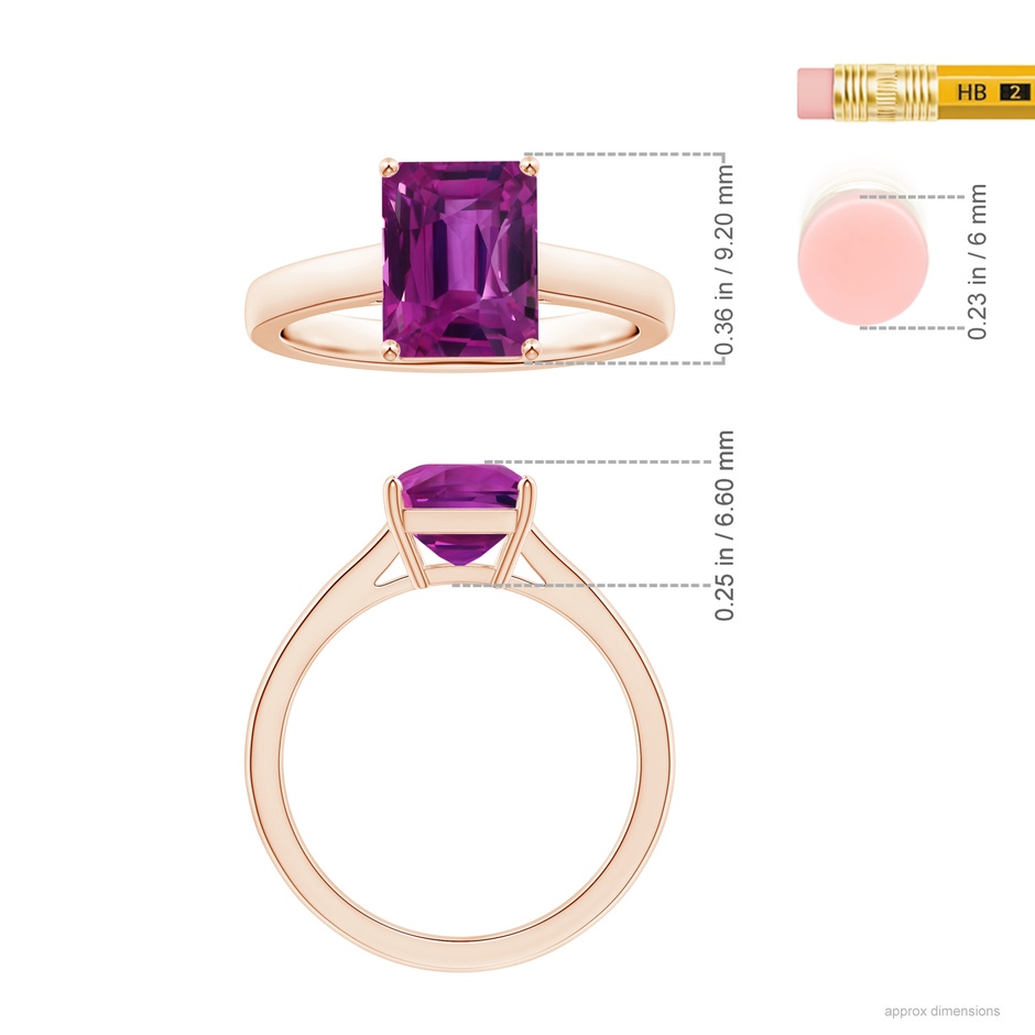 9.20x6.72x5.84mm AAAA Prong-Set GIA Certified Emerald-Cut Pink Sapphire Solitaire Ring in Rose Gold ruler
