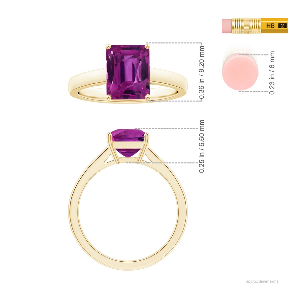 9.20x6.72x5.84mm AAAA Prong-Set GIA Certified Emerald-Cut Pink Sapphire Solitaire Ring in Yellow Gold ruler