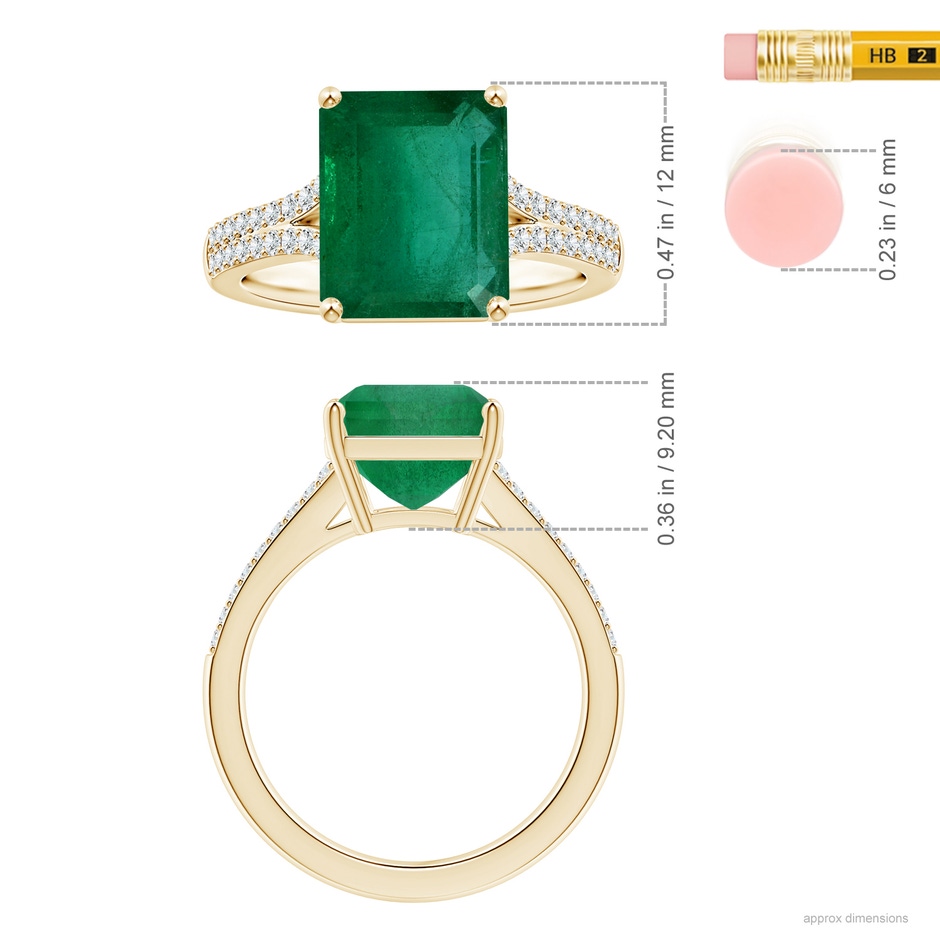 13.32x9.44x6.88mm AA GIA Certified Emerald-Cut Emerald Split Shank Ring with Diamonds in Yellow Gold ruler