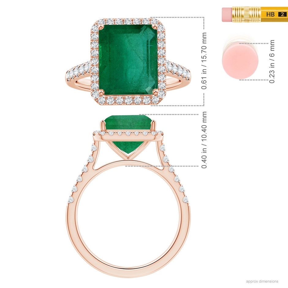 13.32x9.44x6.88mm AA GIA Certified Emerald-Cut Emerald Halo Ring with Diamonds in 18K Rose Gold ruler