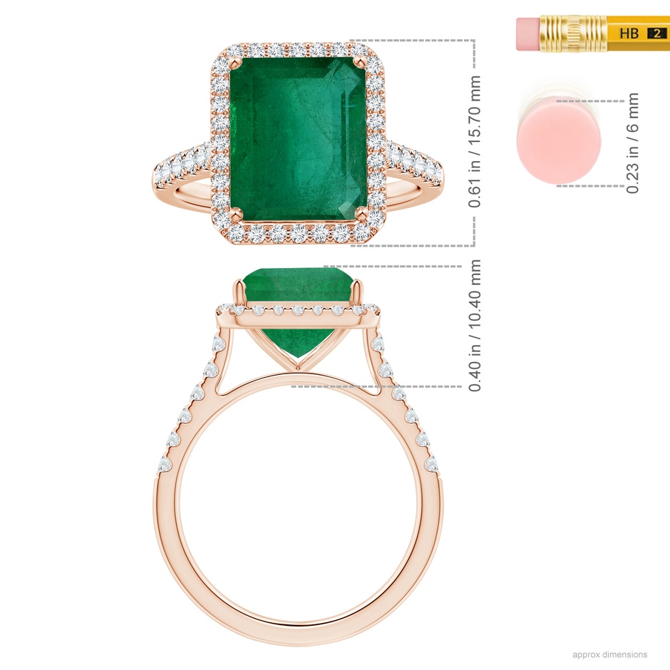 13.32x9.44x6.88mm AA GIA Certified Emerald-Cut Emerald Halo Ring with Diamonds in Rose Gold ruler