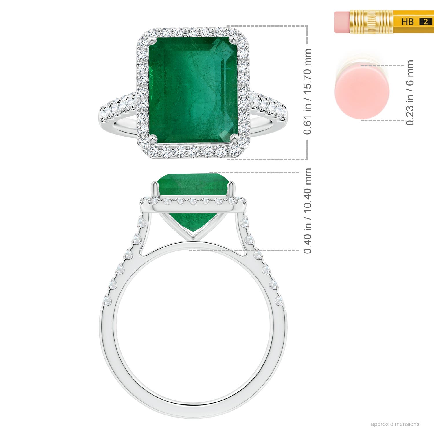 13.32x9.44x6.88mm AA GIA Certified Emerald-Cut Emerald Halo Ring with Diamonds in White Gold - ruler