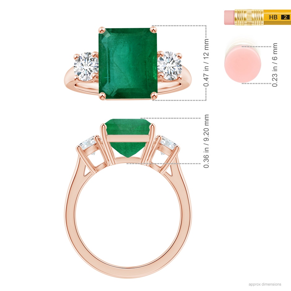 13.32x9.44x6.88mm AA GIA Certified Emerald-Cut Emerald Three-Stone Ring with Tapered Shank in 18K Rose Gold ruler