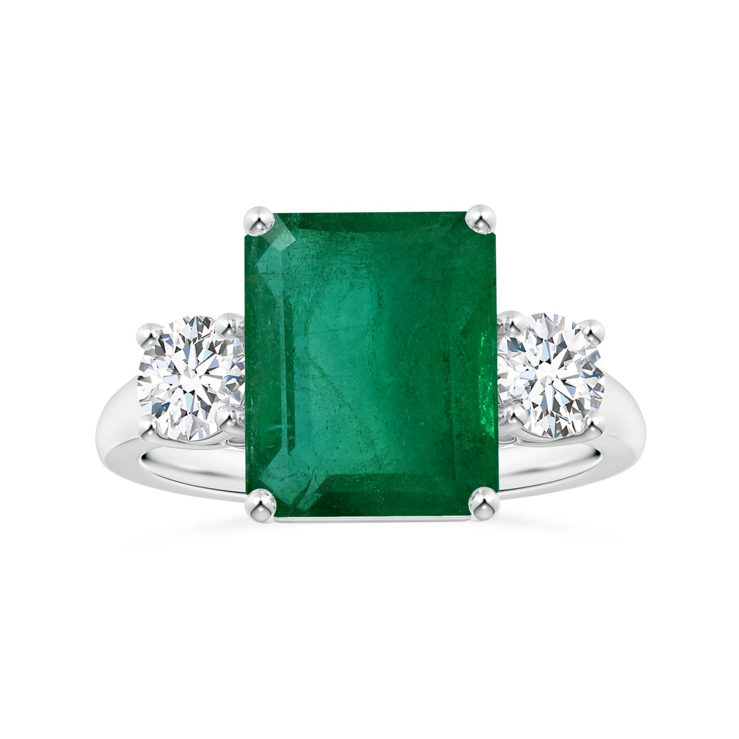 13.32x9.44x6.88mm AA GIA Certified Emerald-Cut Emerald Three-Stone Ring with Tapered Shank in 18CT White Gold